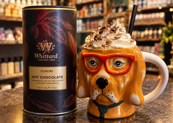 Varm sjokolade i hundekopp hos Bakkal, med Whittard-boksen i bakgrunnen
