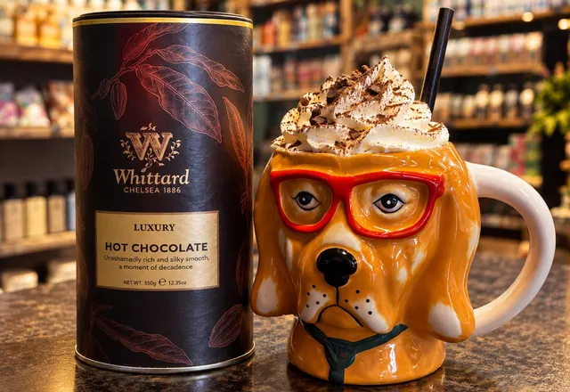 Varm sjokolade i hundekopp hos Bakkal, med Whittard-boksen i bakgrunnen