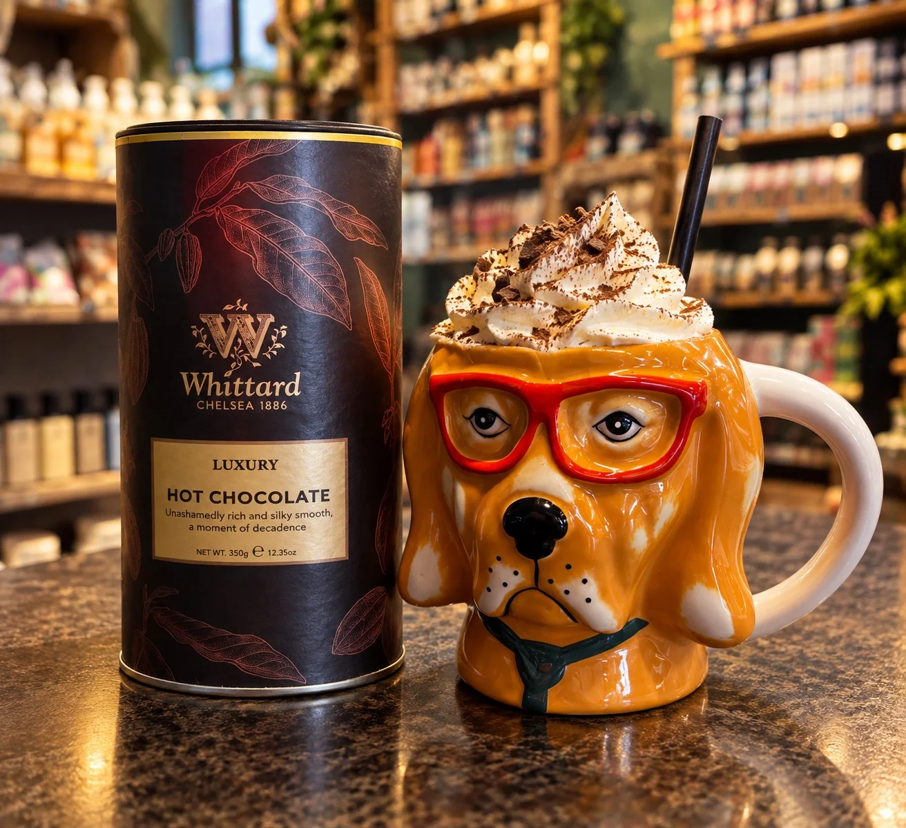 Varm sjokolade i hundekopp hos Bakkal, med Whittard-boksen i bakgrunnen
