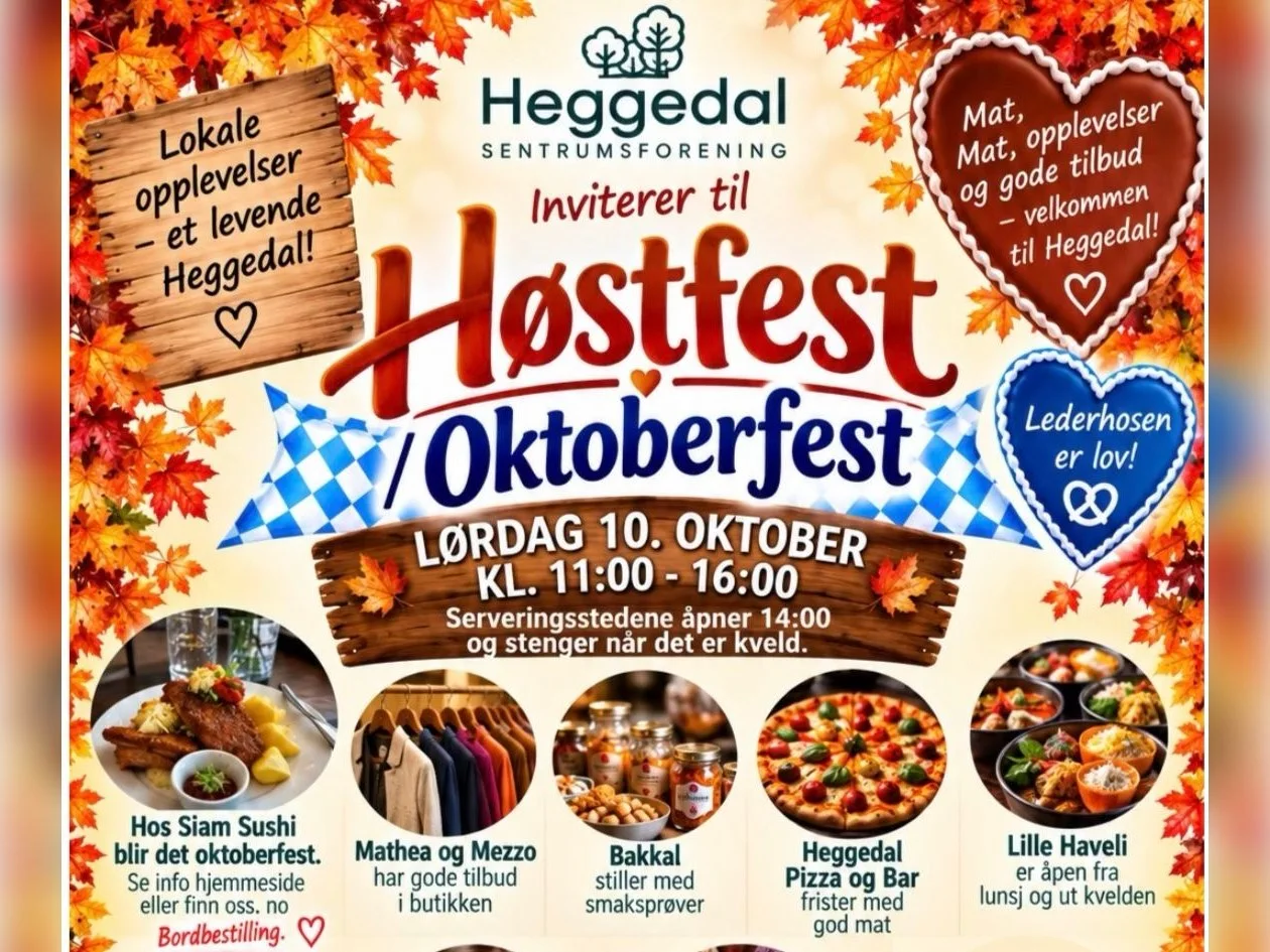 Plakat for Høstfest og Oktoberfest i Heggedal sentrum lørdag 10. oktober kl. 11–16, fra Heggedal Sentrumsforening