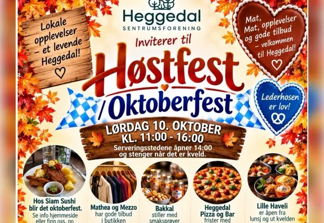 Plakat for Høstfest og Oktoberfest i Heggedal sentrum lørdag 10. oktober kl. 11–16, fra Heggedal Sentrumsforening