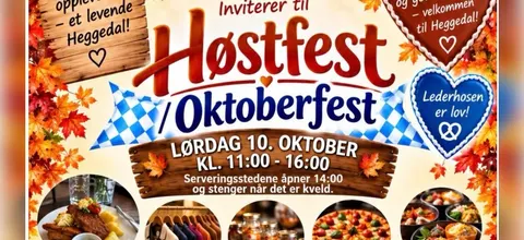Plakat for Høstfest og Oktoberfest i Heggedal sentrum lørdag 10. oktober kl. 11–16, fra Heggedal Sentrumsforening