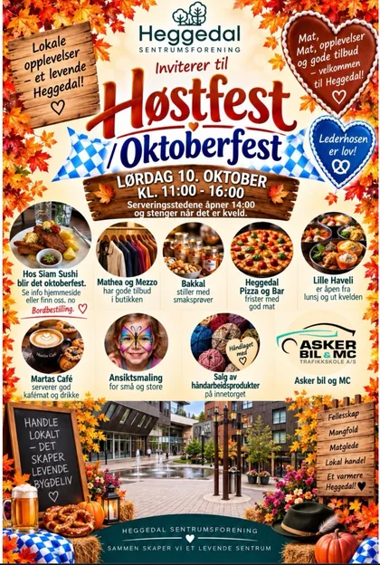 Plakat for Høstfest og Oktoberfest i Heggedal sentrum, lørdag 10. oktober kl. 11–16, med oversikt over deltakende aktører
