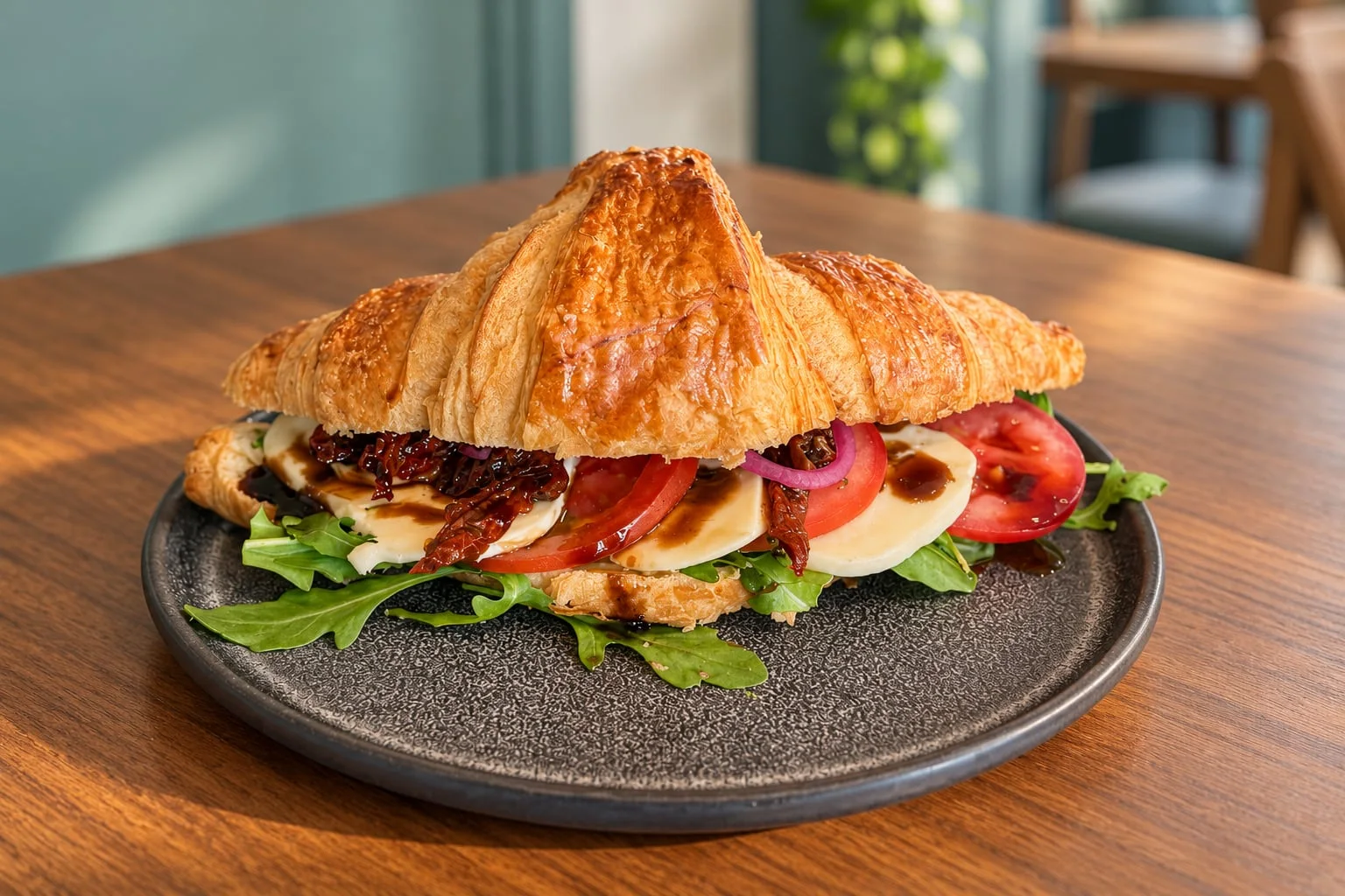 Påsmurt croissant med tomat, mozzarella og rucola på en mørk tallerken