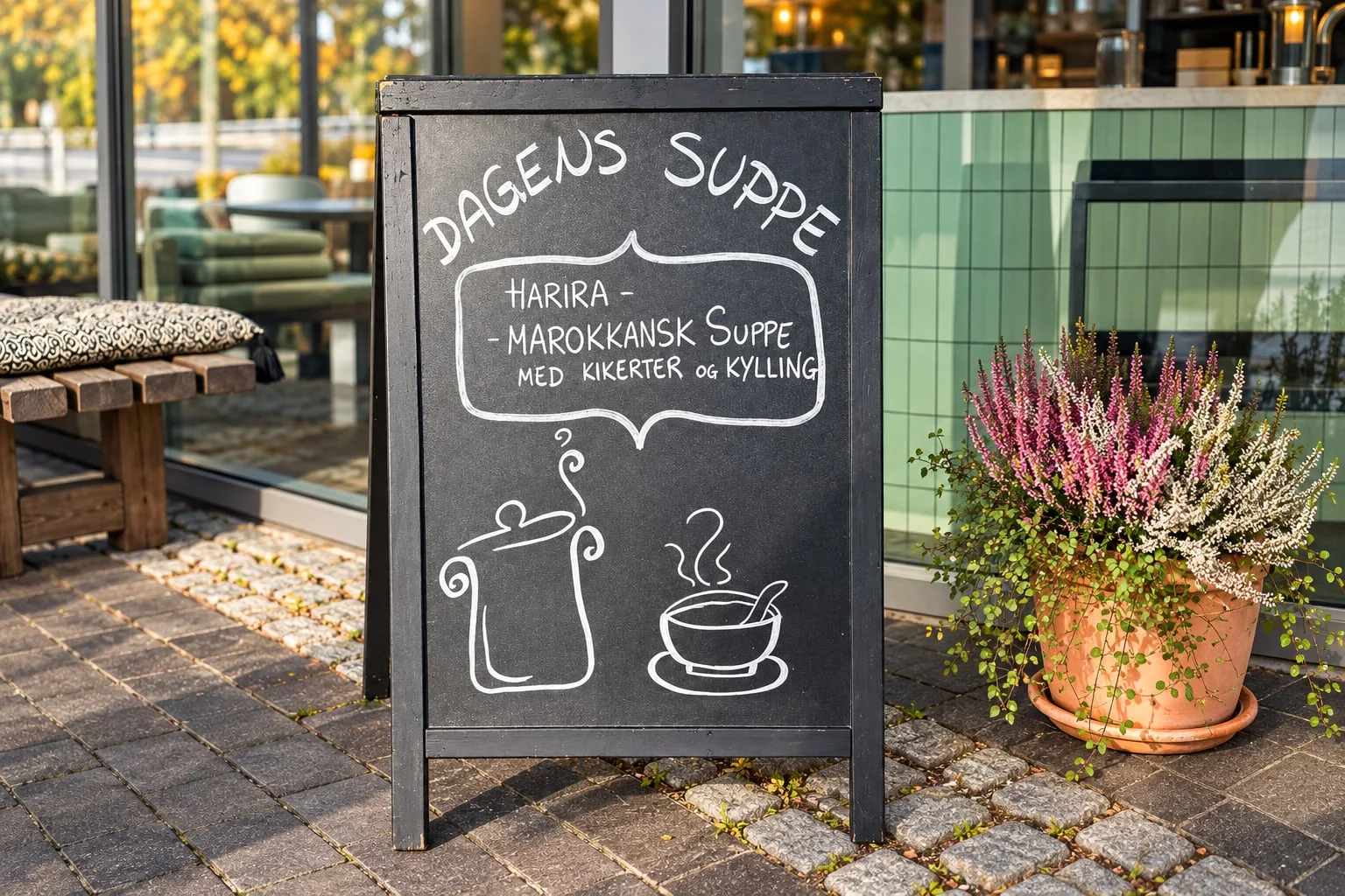 Tavle utenfor Marta’s Café med teksten «Dagens suppe: Harira – marokkansk suppe med kikerter og kylling»