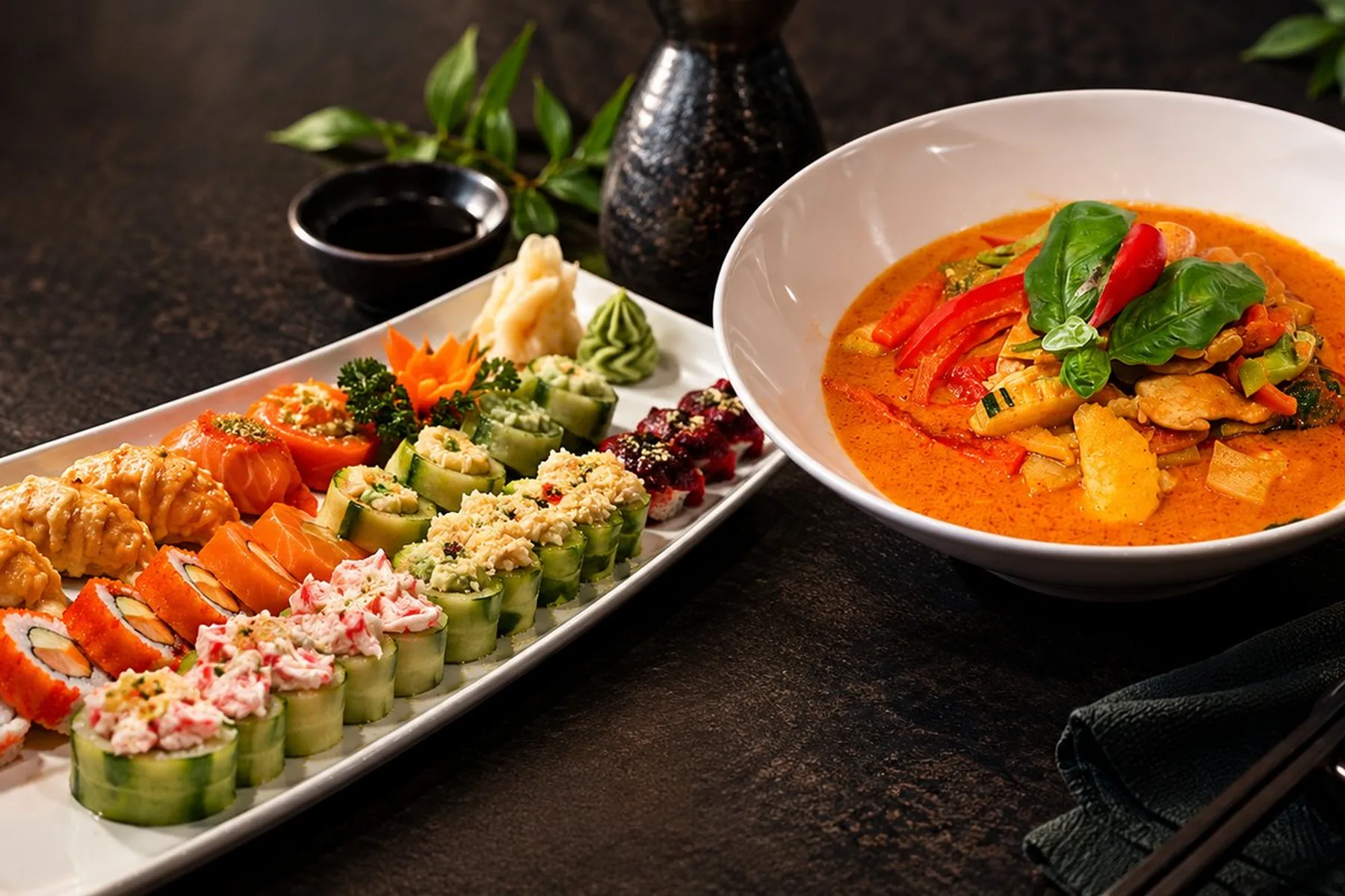 Sushifat og rød curry fra Siam Sushi i Heggedal